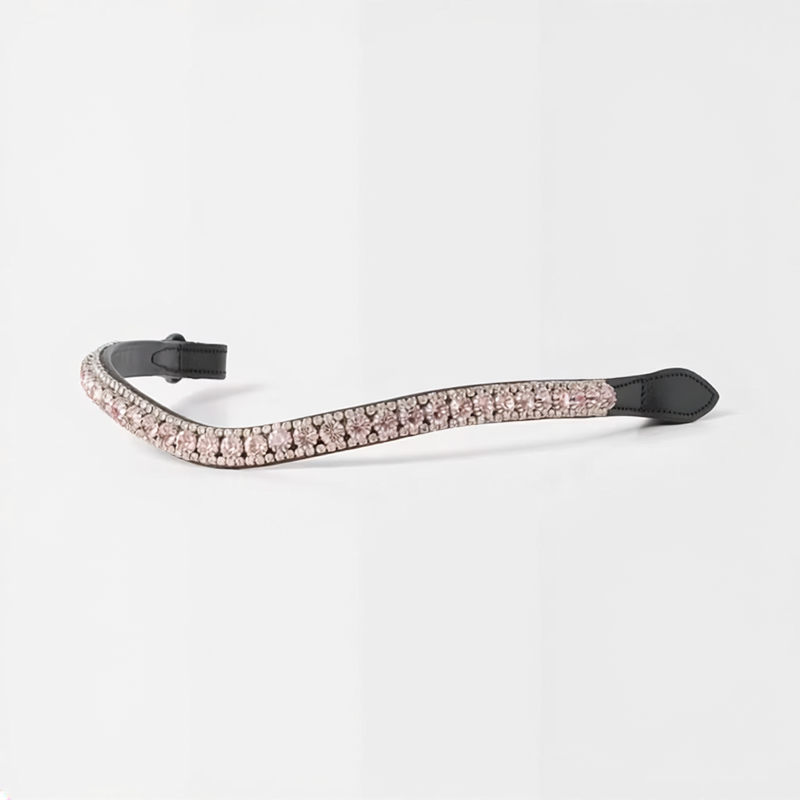 A black equestrian riding crop with a curved handle covered in a row of light pink rhinestones, shown against a plain white background.