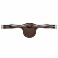 A dark brown leather saddle girth with silver metal buckles and straps, displayed horizontally against a plain white background.