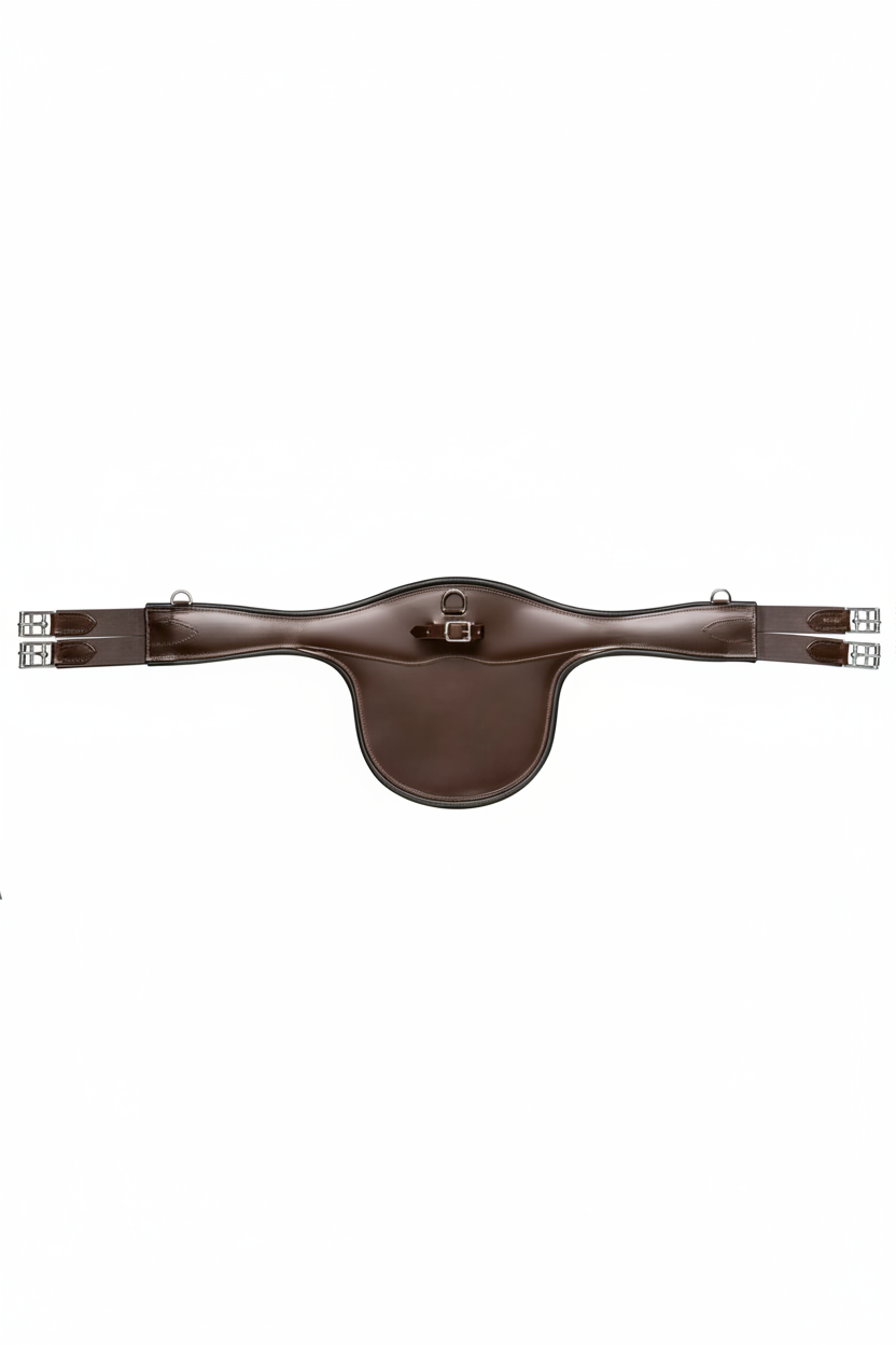 A dark brown leather saddle girth with silver metal buckles and straps, displayed horizontally against a plain white background.