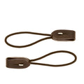 Two dark brown leather strap clips with attached braided brown cords, shown on a plain white background.