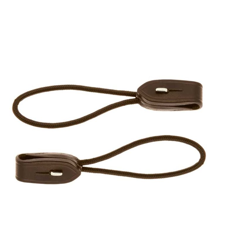 Two dark brown leather strap clips with attached braided brown cords, shown on a plain white background.