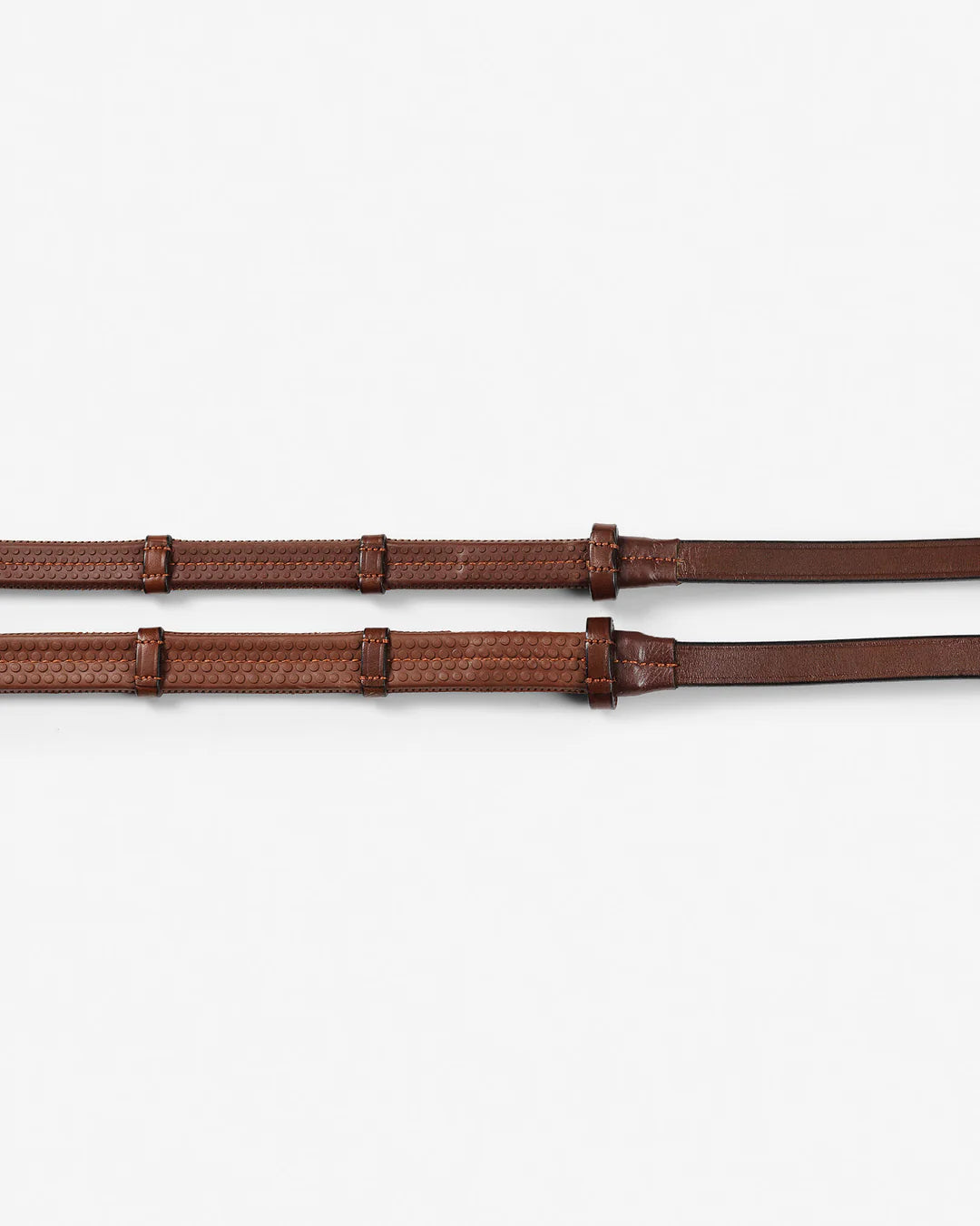 A pair of brown leather straps with a woven texture and stitched details, laid horizontally on a plain white background.