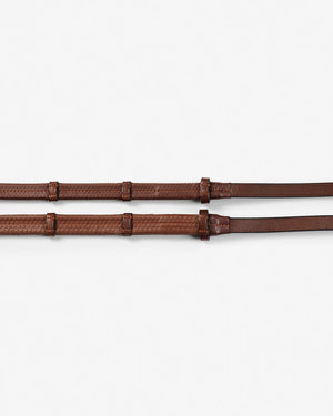 A pair of brown leather straps with a woven texture and stitched details, laid horizontally on a plain white background.